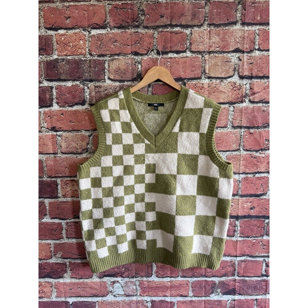 Vans Courtyard Checker Sweater Vest Green White V Neck M/L Streetwear Unisex